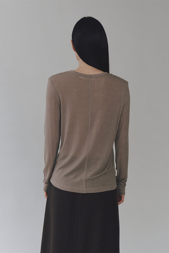 Mijeong Park long sleeve wool tencel crew neck knit top light khaki | Pipe and Row