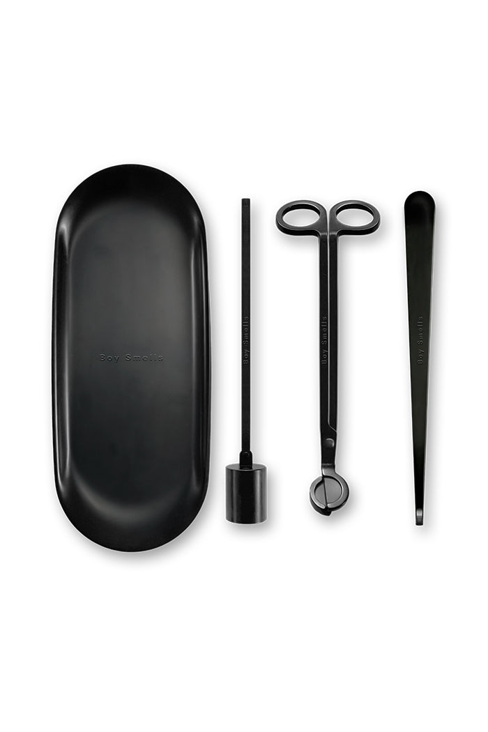 Boy Smells matte black Candle care set. OVAL TRAY, WICK TRIMMER, SNUFFER, WICK DIPPER | PIPE AND ROW 