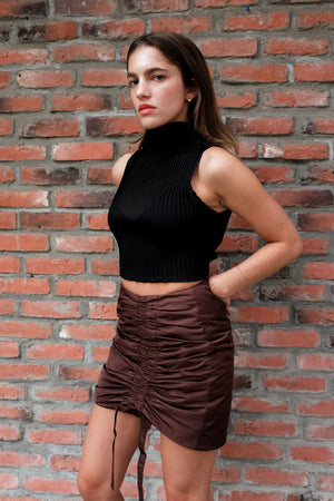 Ganni Nylon ruched mini skirt adjustable tie chicory brown | Pipe and Row