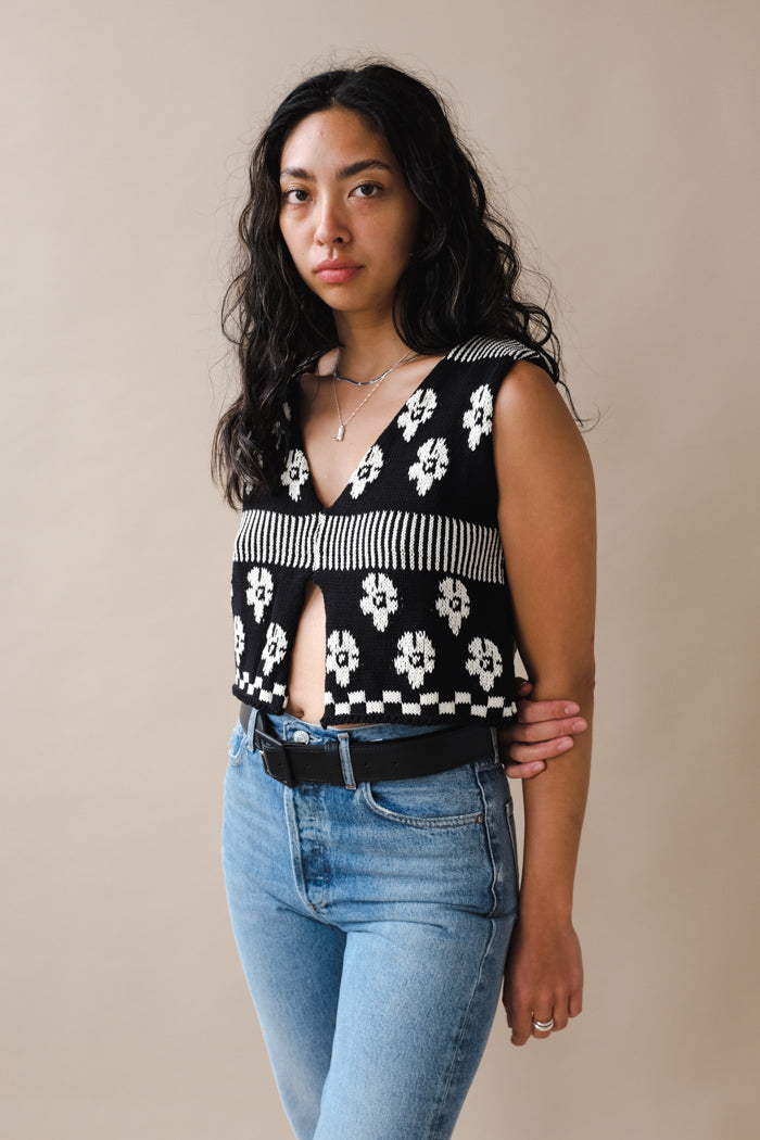 Tach Loreza knit tank top in black and white jaquard floral PIPE AND ROW