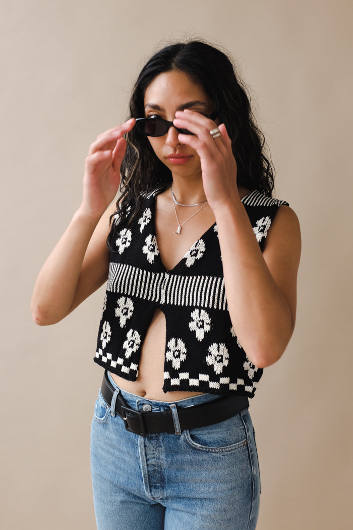 Tach Loreza knit tank top in black and white jaquard floral PIPE AND ROW