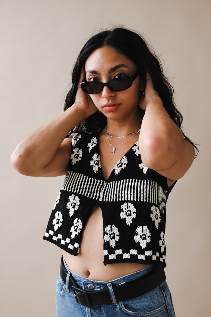Tach Loreza knit tank top in black and white jaquard floral PIPE AND ROW