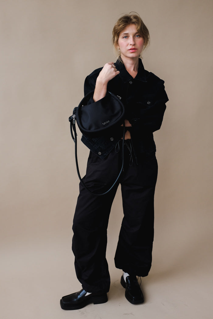Black&nbsp;cargo oversized pants drawstrings at waist and ankles | PIPE AND ROW