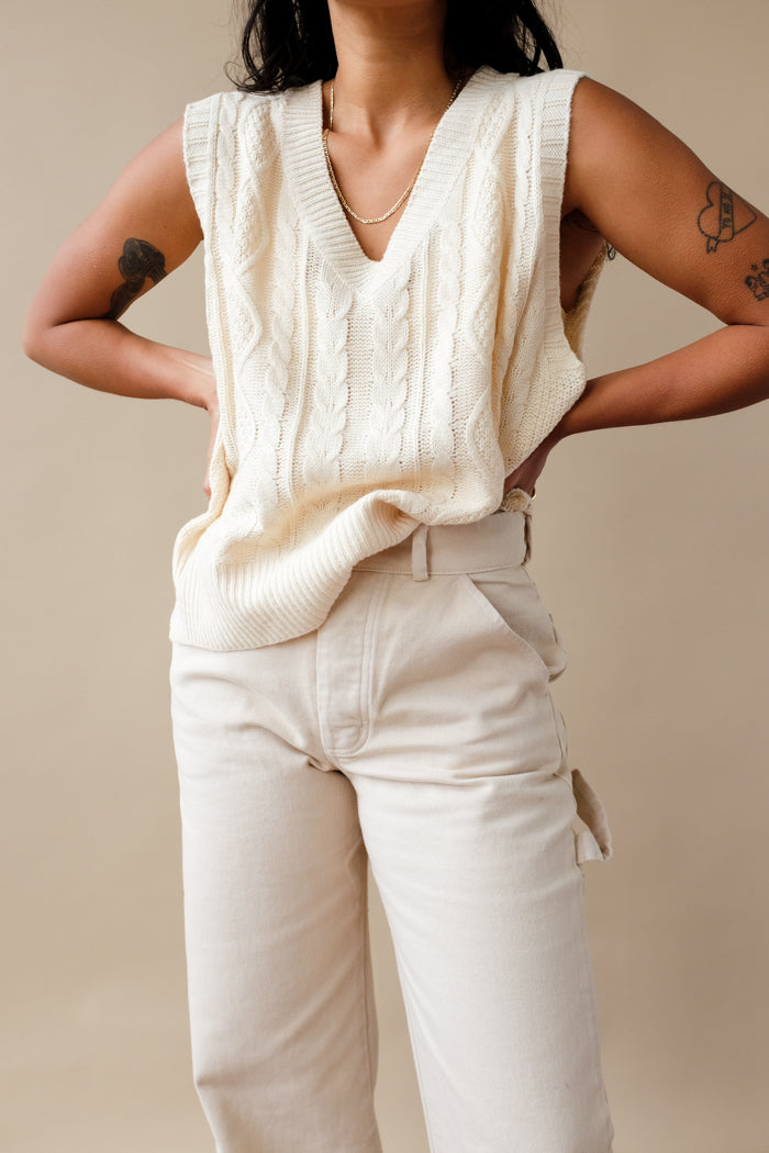 Victoria cream cable knit sweater vest. PIPE AND ROW seattle boutique