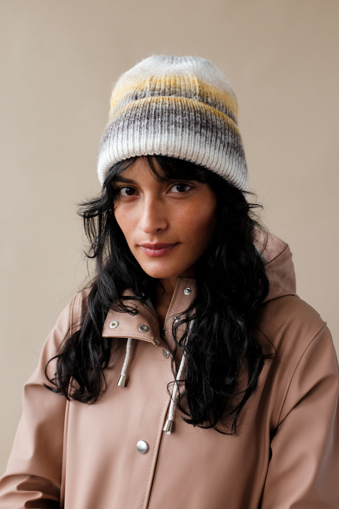 Soft knit mustard, white, tan ombre Sunset beanie Angora | PIPE AND ROW