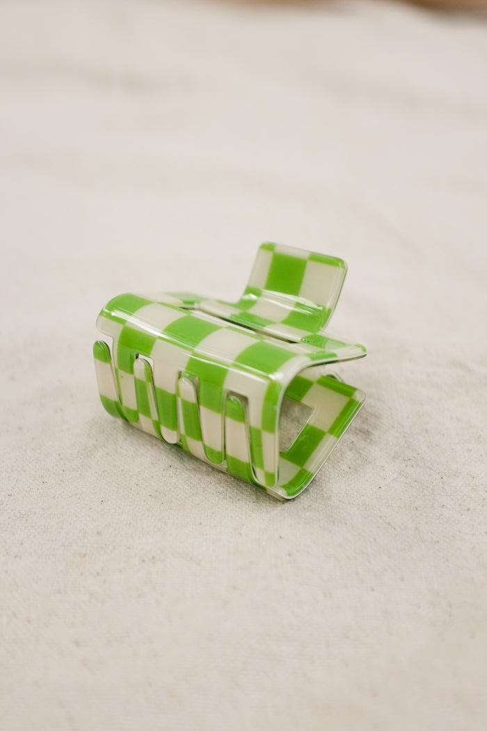 Small square hair claw green apple and white checkered PIPE AND ROW boutique