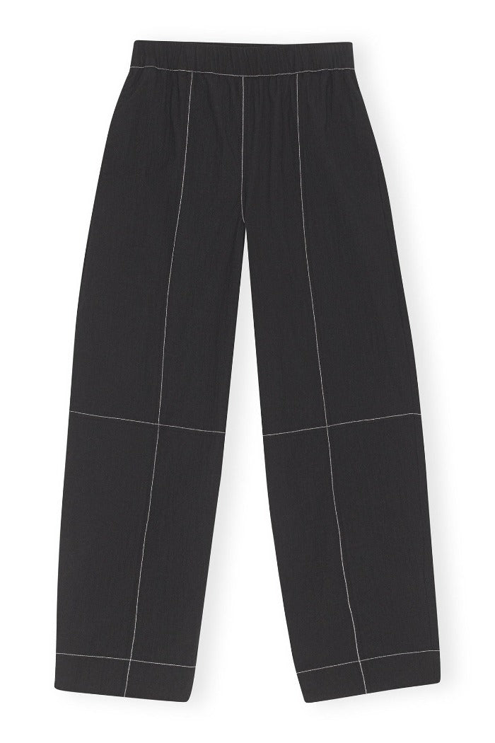Ganni modern high-waisted trousers black cotton crepe contrast stitching curved-leg | Pipe and Row
