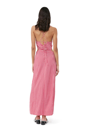 Ganni stretch seersucker maxi dress red gingham love potion | Pipe and Row