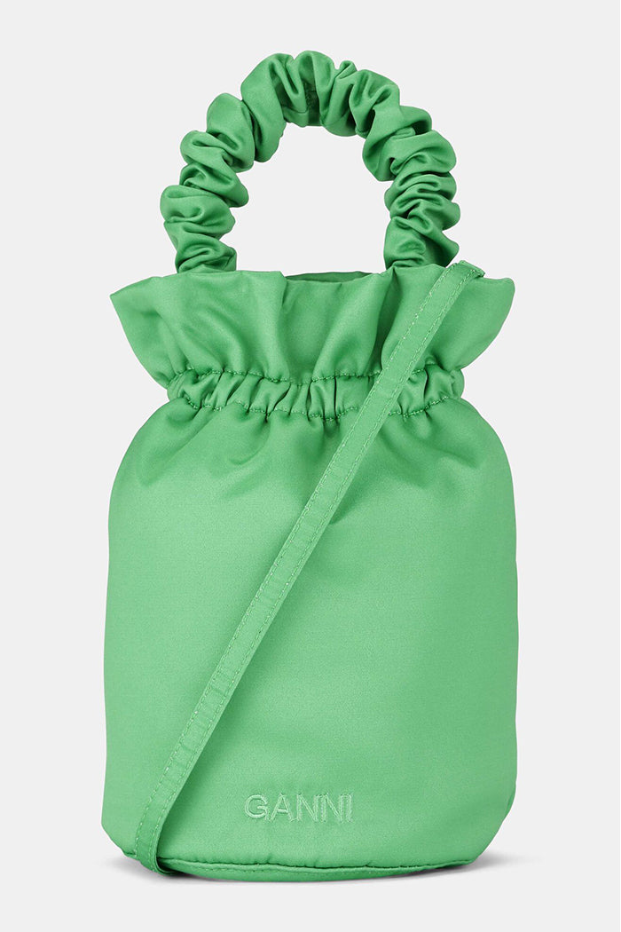 Ganni elegant mini pouch style occasion bag satin kelly green | pipe and row