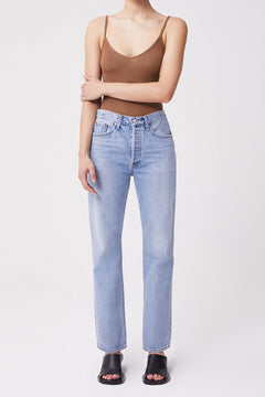 Agolde Lana straight leg jeans in riptide light blue pipe and row