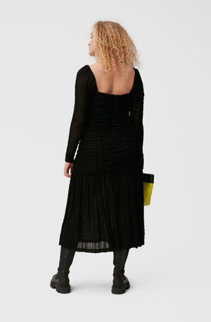 Ganni stretch black lace gathered long sleeve midi dress | Pipe and Row