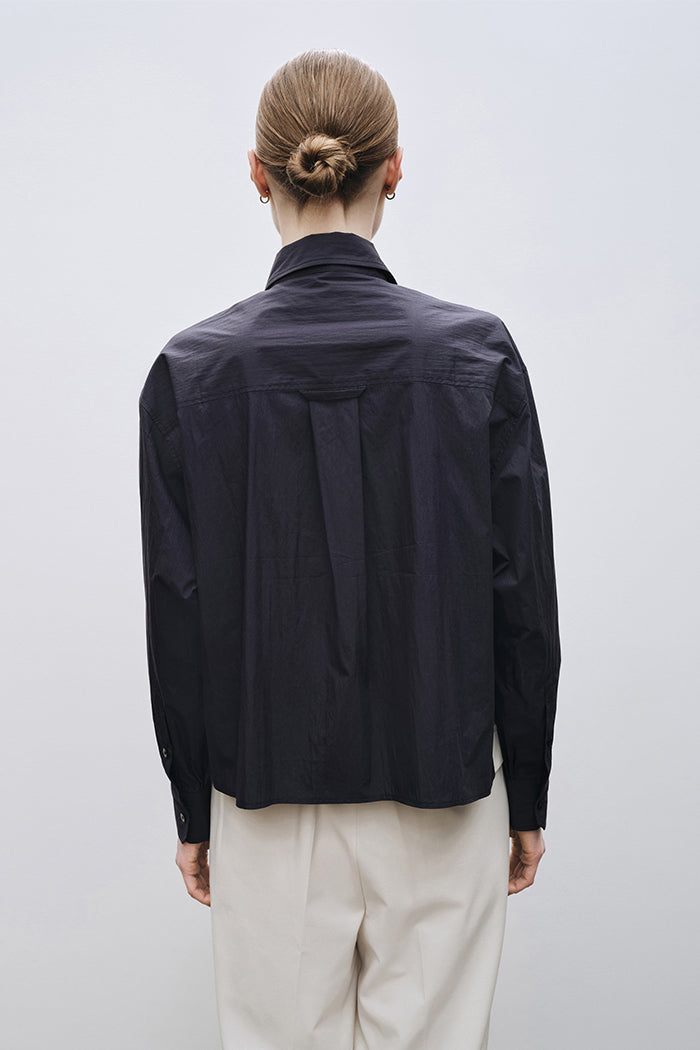 Mijeong Park oversized cropped collared button up shirt navy blue | Pipe and Row