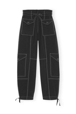 Ganni light slub high waisted cargo pocket pants black white stitching | Pipe and Row