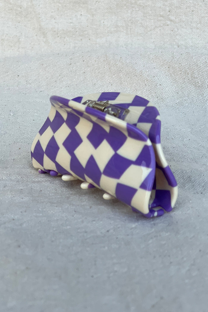 Asymmetrical purple and white checkered resin hair claw | PIPE AND ROW