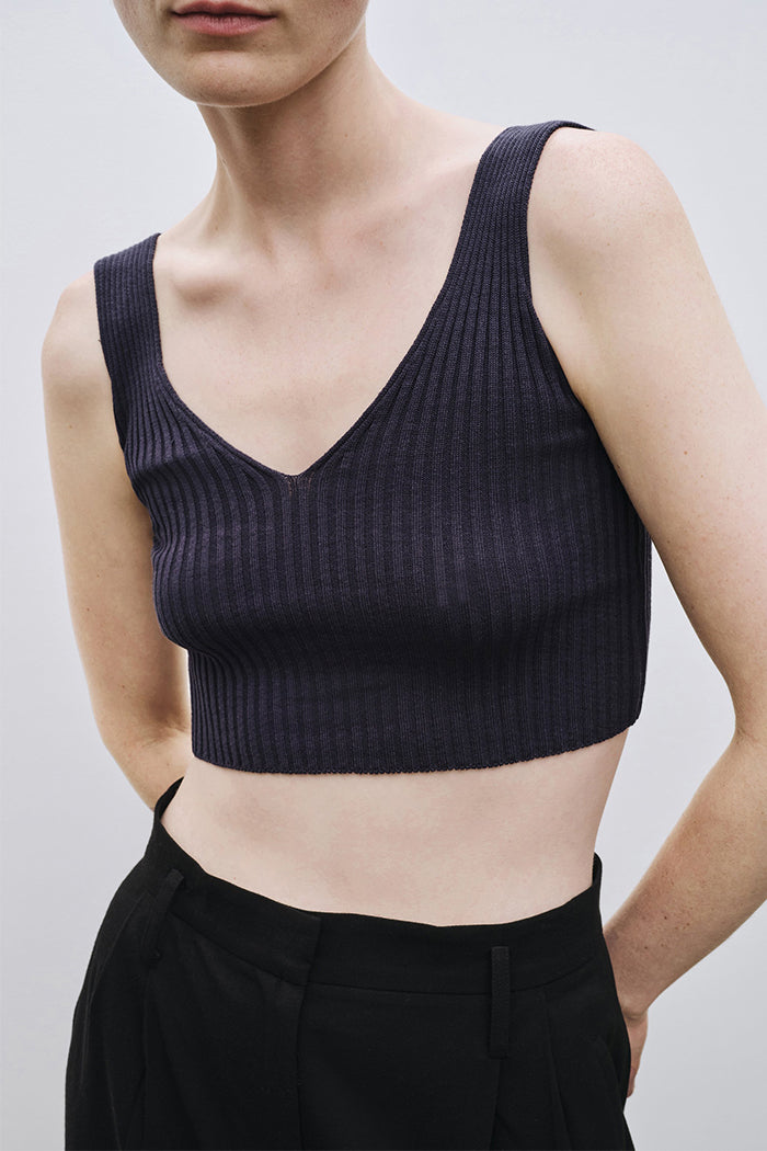Mijeong Park ribbed knit v-neck crop top navy blue | Pipe and Row Seattle