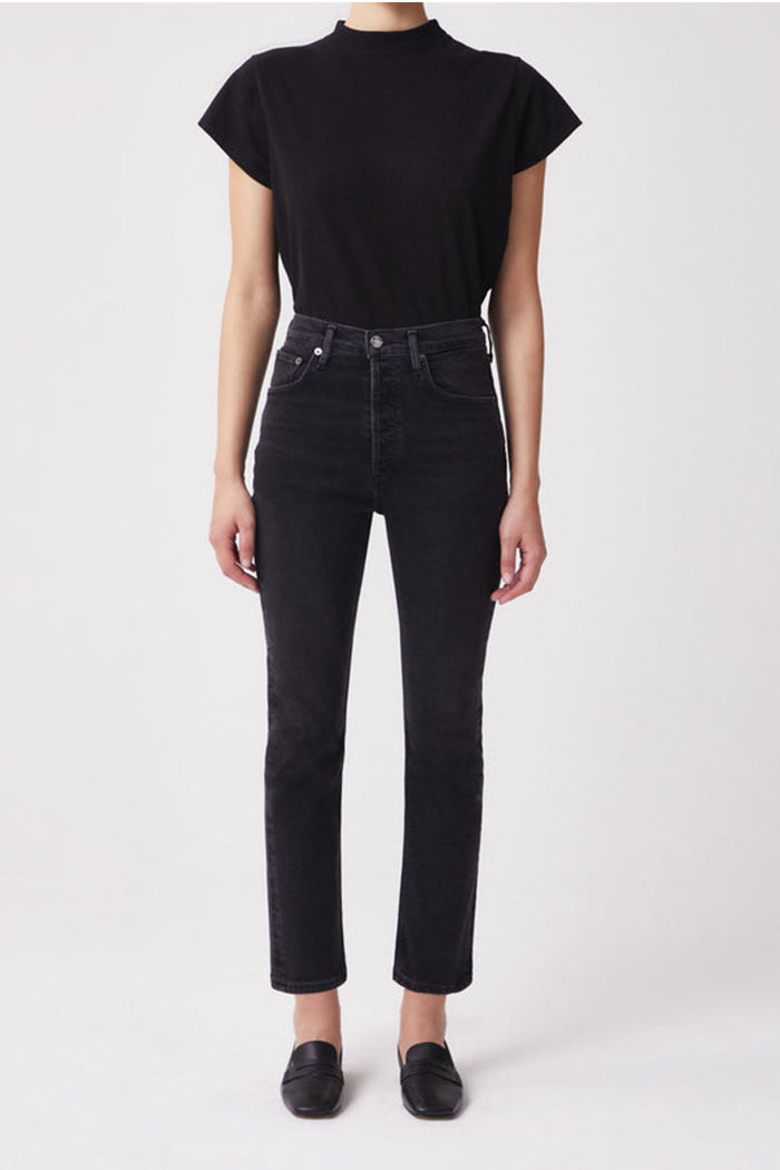 Crisscross Waist High Rise Straight Jeans in Washed Black