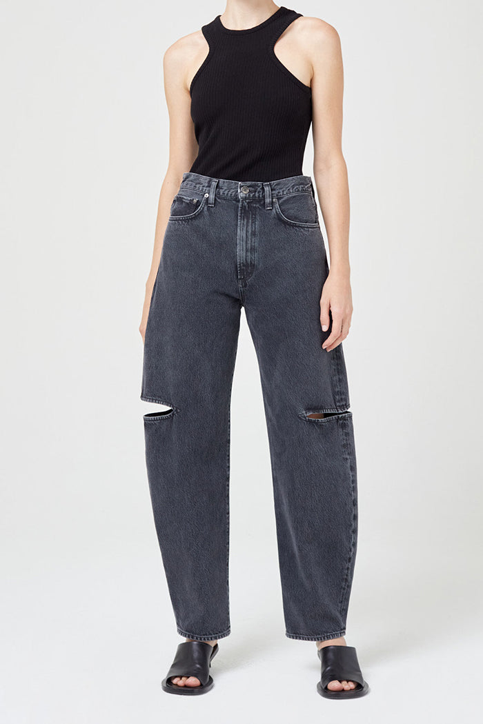 Agolde Sanna slice high rise jean washed black percolate curved leg tapered ankle | Pipe and row